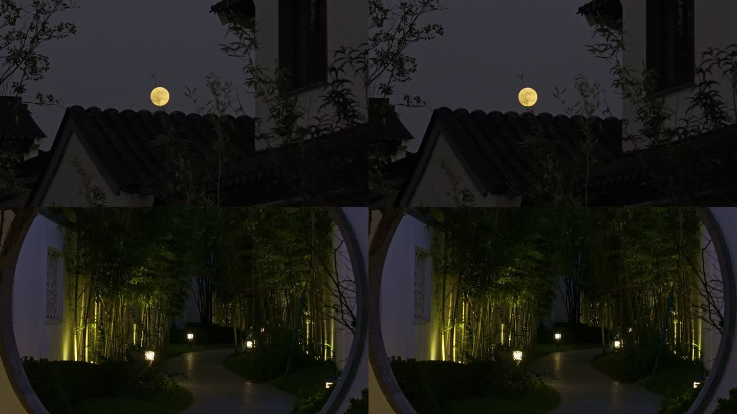 庭院夜景月亮屋檐 树木影子中秋月亮古建筑