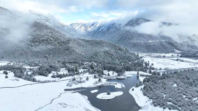 西藏林芝鲁朗林海雪原冬天乡村雪景风光航拍