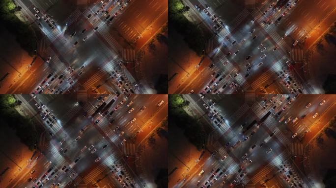 十字路口夜景 城市红绿灯 车流穿梭行驶