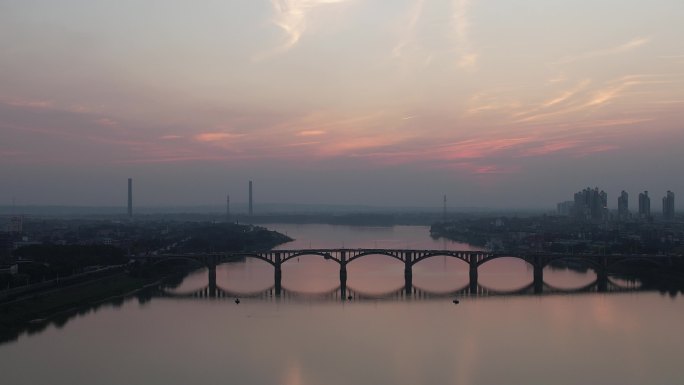 湖南湘潭湘江湘潭大桥日落晚霞夕阳航拍