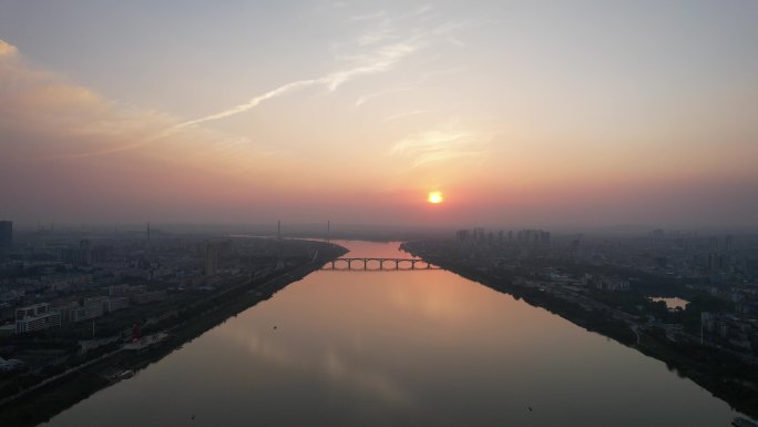 湖南湘潭湘江湘潭大桥日落晚霞夕阳航拍