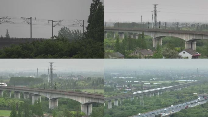 高铁动车在雨天驶过