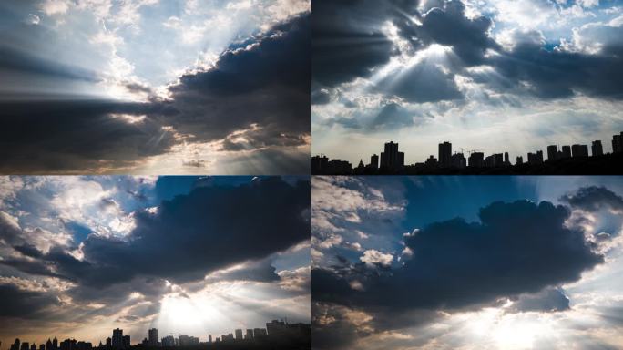 城市剪影延时耶稣光丁达尔光天空乌云满天