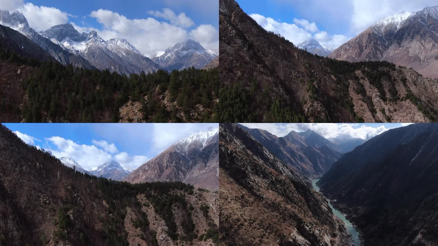 西藏高原雪山峡谷山川蓝天白云航拍