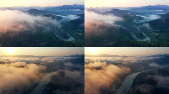 4K航拍晨雾里的都柳江畔