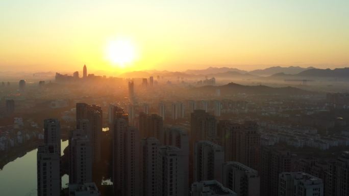 4K绍兴城的全景日出（150米高空拍摄）