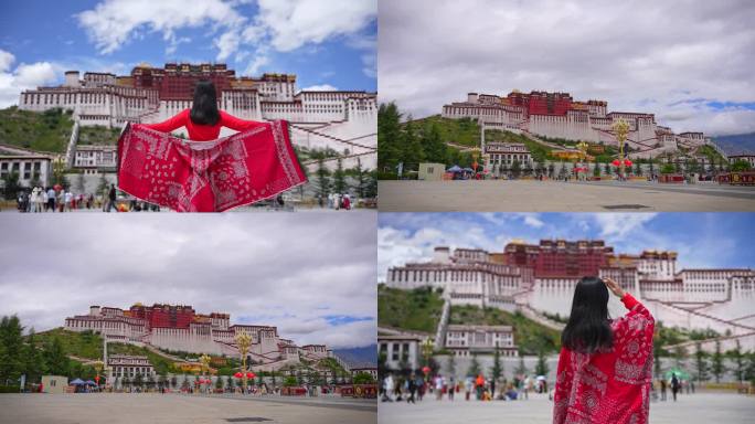 美女在拉萨布达拉宫广场西藏风光