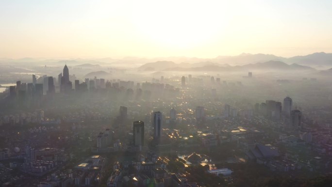 4K绍兴城市全景日出（380米高空拍摄）