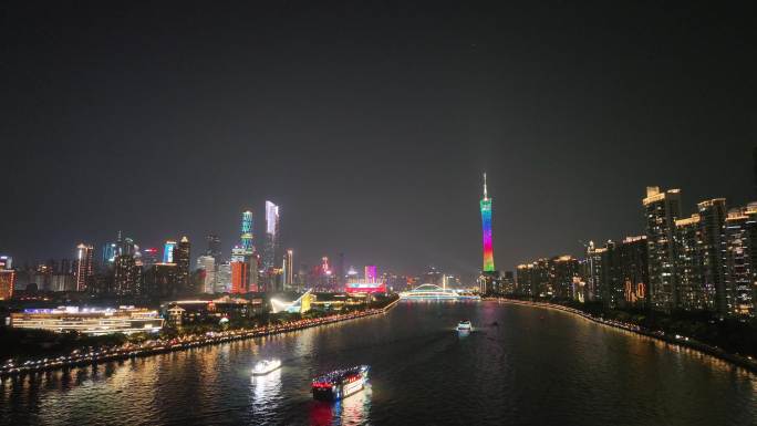 广州珠江夜景航拍广州塔夜晚城市建筑风光