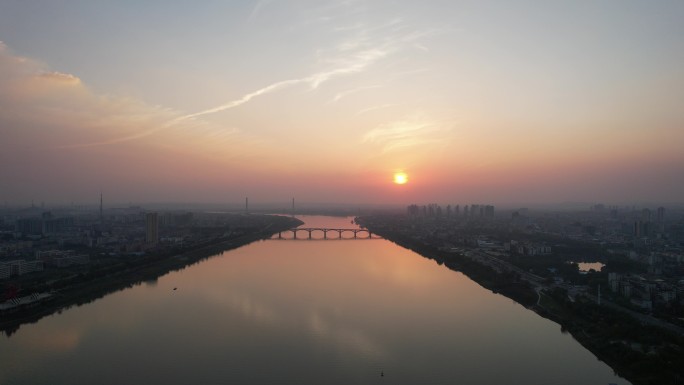 湖南湘潭湘江湘潭大桥日落晚霞夕阳航拍