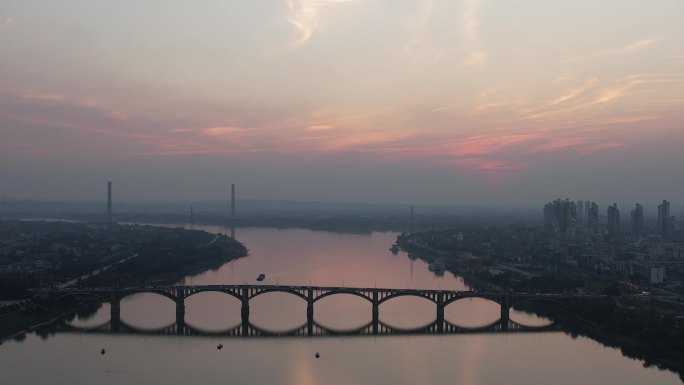 湖南湘潭湘江湘潭大桥日落晚霞夕阳航拍