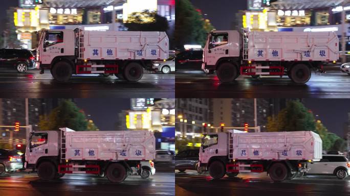 夜晚街道垃圾运输车驶过 其他垃圾分类车