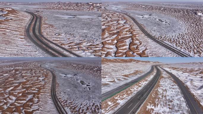 沙漠公路 雪地 沙漠雪景 穿啥公路 航拍