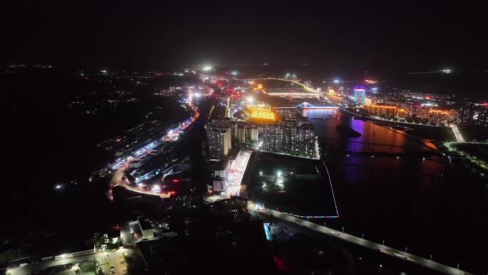 4K神东大柳塔镇城市河流航拍夜景