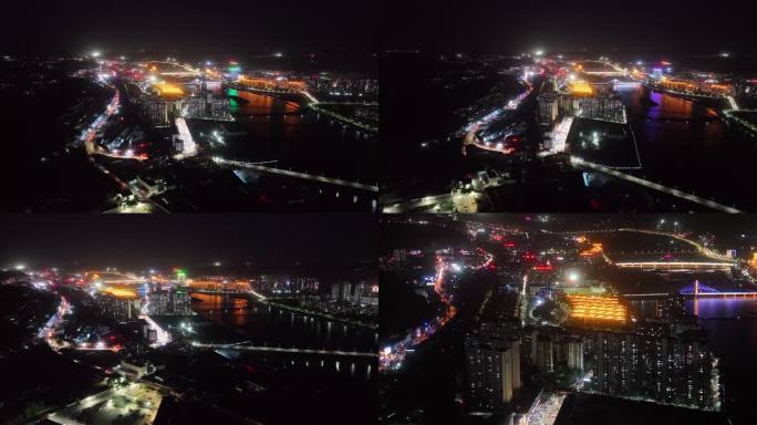 4K神东大柳塔镇城市河流航拍夜景