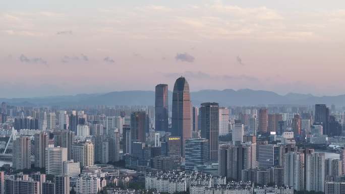 宁波三江口江北绿地中心宁波塔航拍夕阳落日