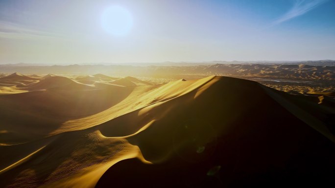 夕阳沙漠大景航拍-浩瀚沙海沙漠沙山落日