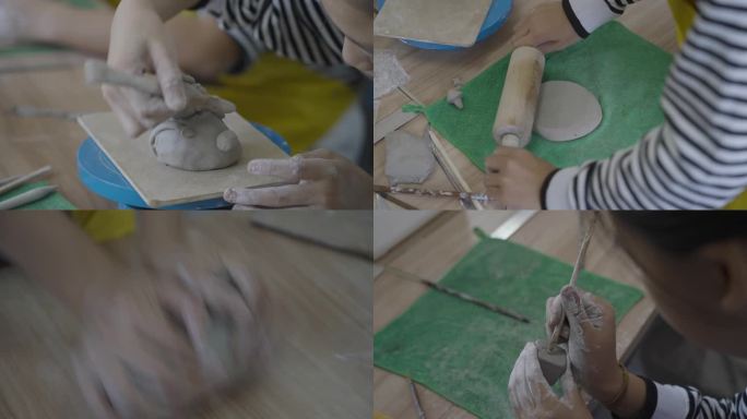 陶艺工作坊学生孩子捏泥巴雕刻擀泥片