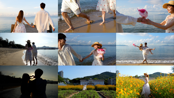七夕情人节情侣恋人海边夕阳牵手浪漫情人节