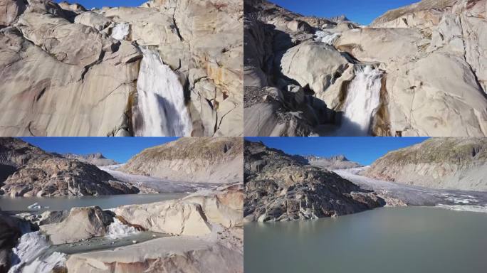 罗纳冰川(Rhonegletscher)和瀑布的航拍全景，靠近弗尔卡山口，瓦莱州，瑞士。