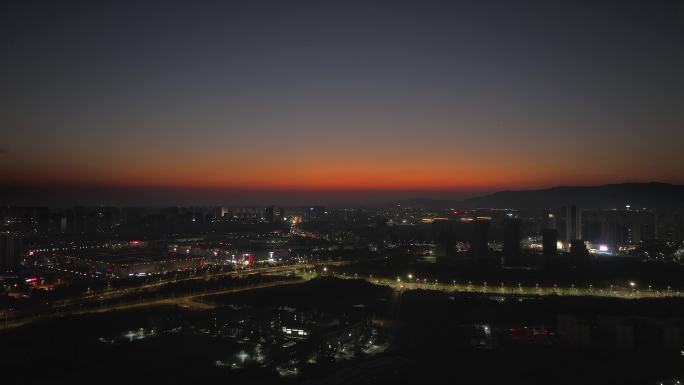 黄昏夜幕降临城市晚霞航拍