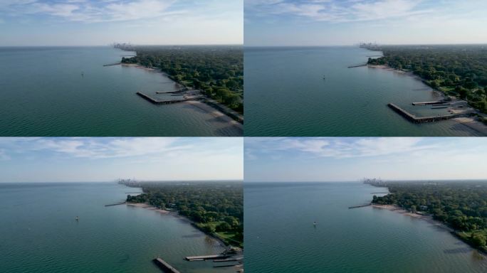 埃文斯顿及其密歇根湖岸边的高分辨率全景无人机空中4K视频