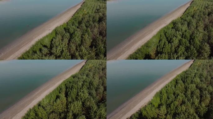 无人机在宁静的河岸和充满活力的绿色森林之间拍摄对角分割构图4K50fps电影级