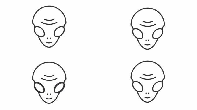 外星人脸的2D黑色细线动画，透明背景高清视频，代表空间的无缝循环4K视频