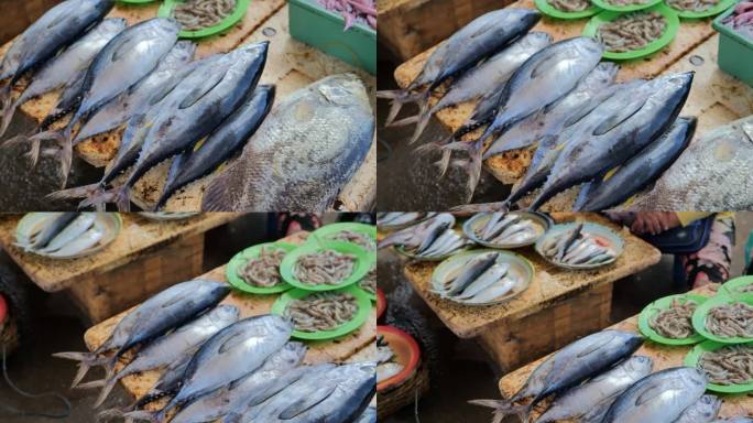 传统的印尼市场出售各种海洋捕捞，如金枪鱼、鲷鱼、虾、鱿鱼等。苍蝇成群，空气中弥漫着鱼腥味
