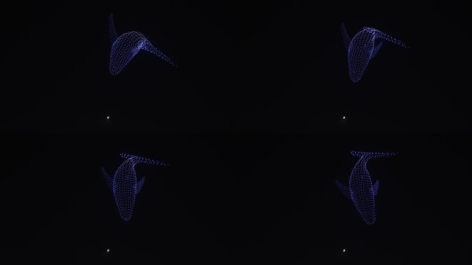 在首尔土仙汉江公园举行的“首尔2023无人机灯光秀”。发光的无人机蜂群在夜空中飞行，形成游泳的3D鲸