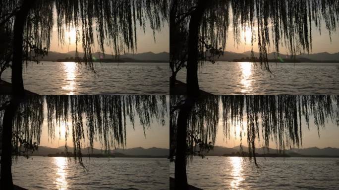 夕阳下波光粼粼的杭州西湖美景