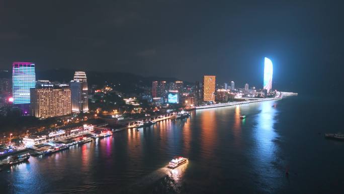 福建厦门双子塔鼓浪屿夜景航拍