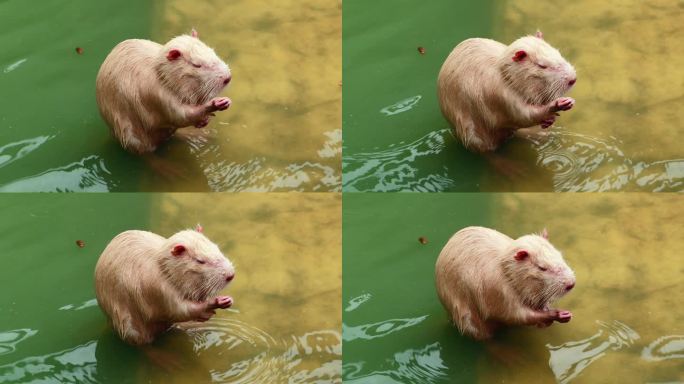 白色的河狸鼠愉快地在水里玩耍。
