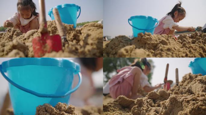 唯美儿童小孩玩沙子挖沙小铲子小桶