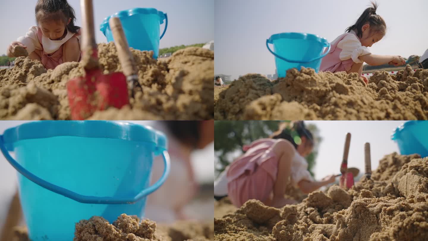 唯美儿童小孩玩沙子挖沙小铲子小桶
