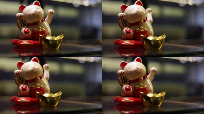 近距离展示在一家日本餐馆里的小猫挥舞着爪子。