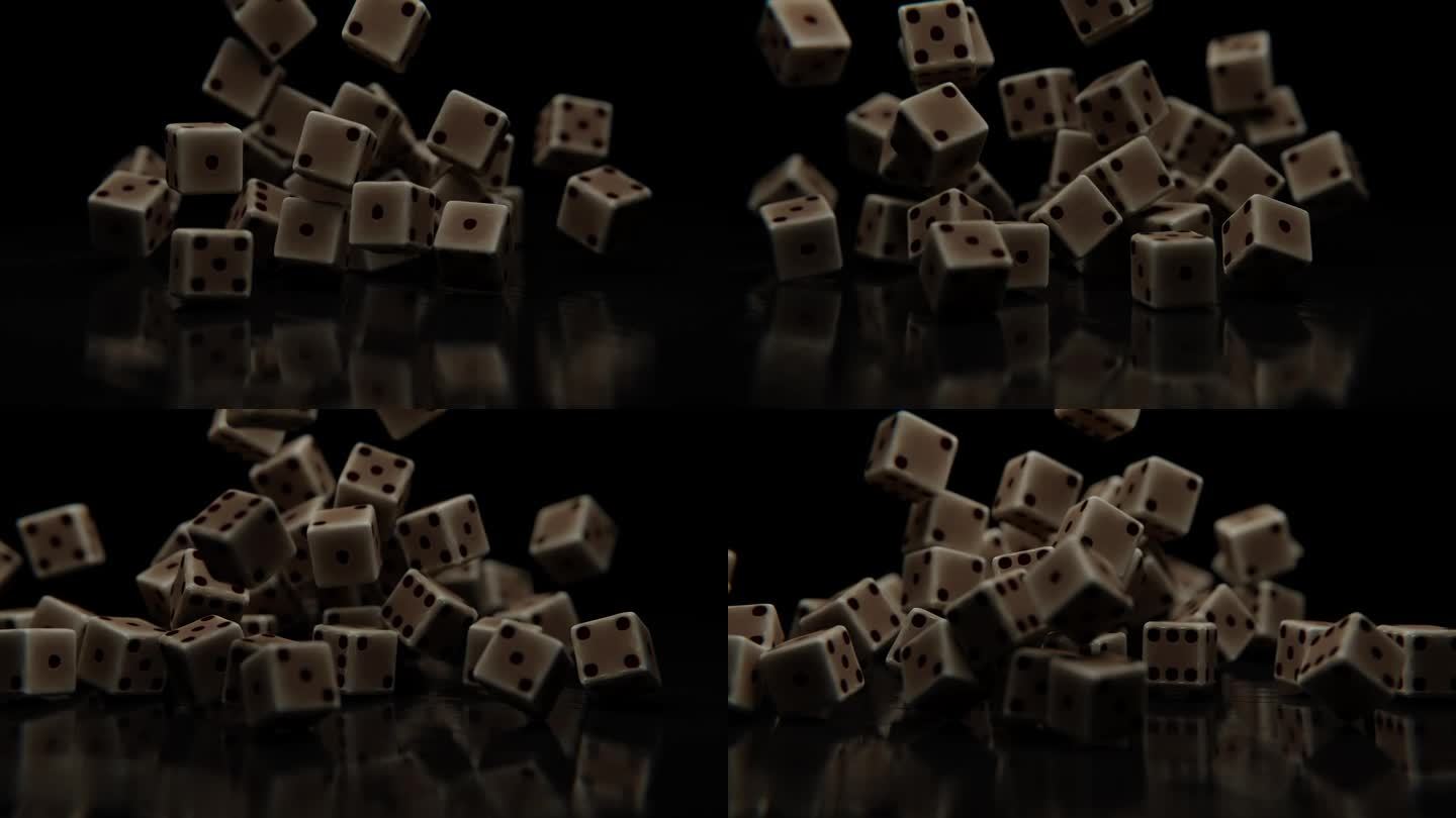 许多骰子立方体落在有反射表面的木桌上