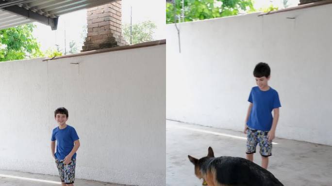 一个10岁的小男孩旋转着，扔着一个小球，让他的德国牧羊犬接住。