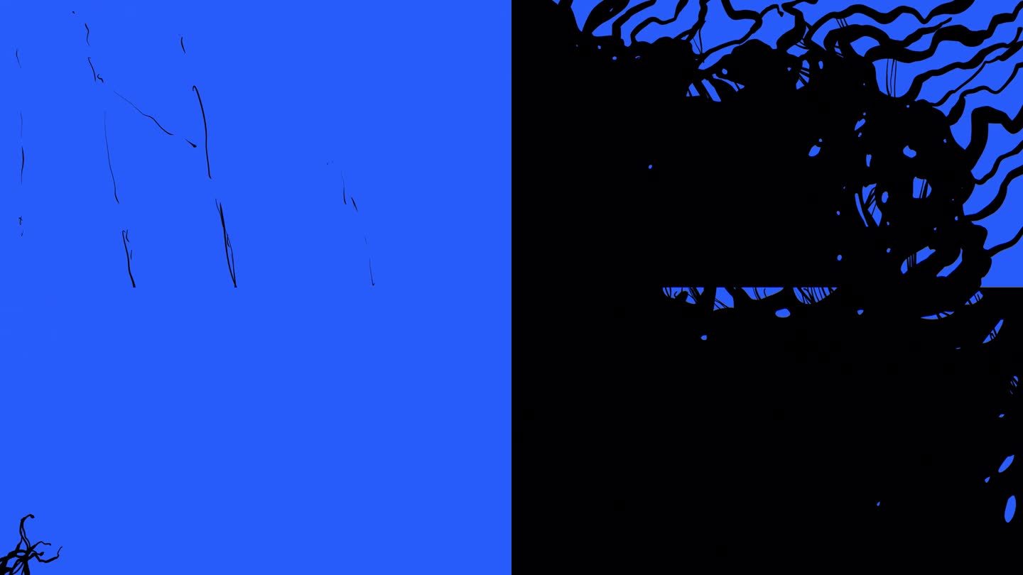 视频过渡与邪恶的藤填充和融化在一个蓝色的屏幕上。