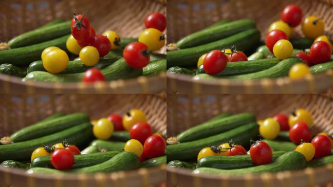 西红柿和黄瓜掉入篮筐升格慢镜头