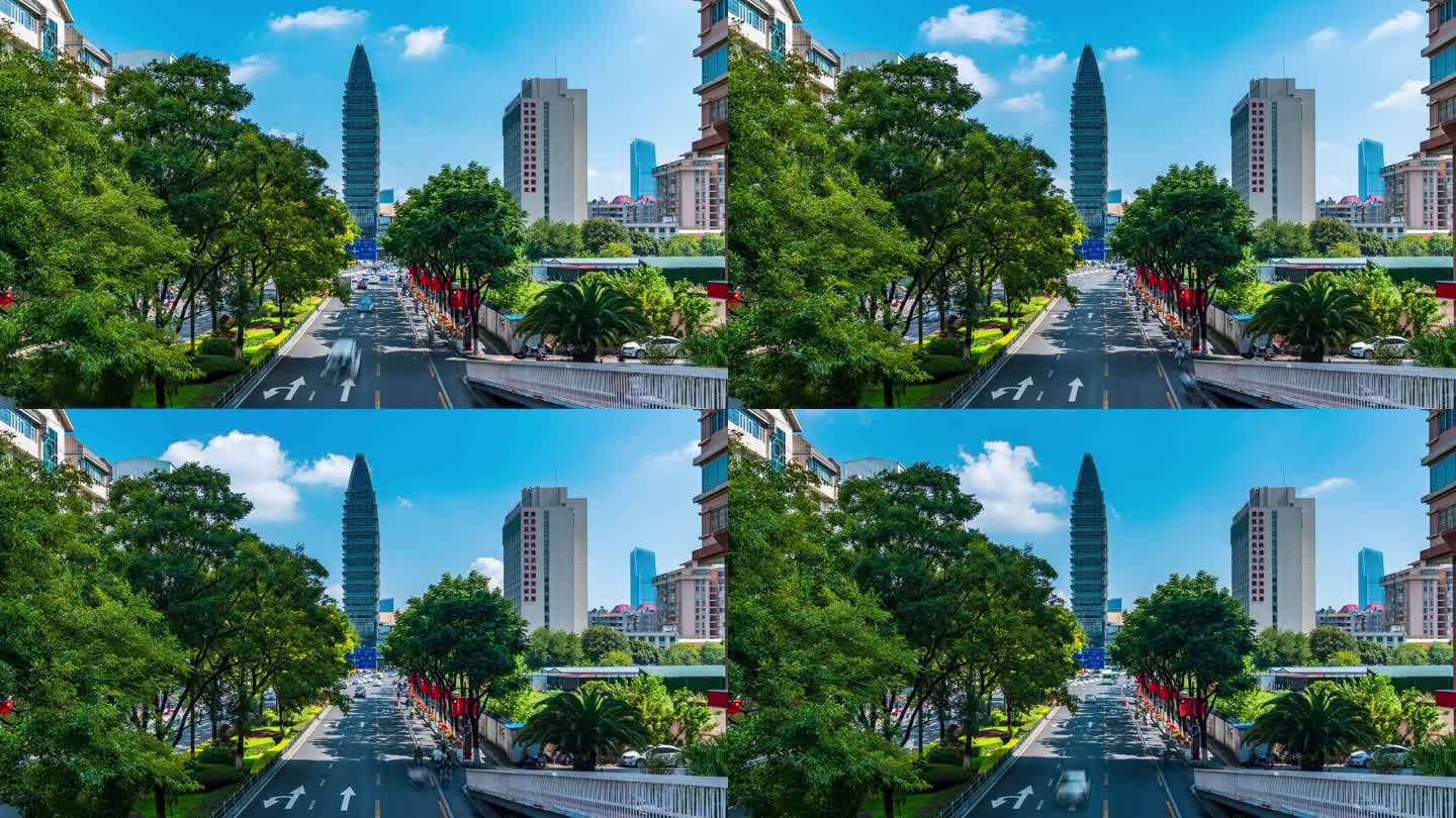 云南昆明五华区人民政府大楼与城市街道车流
