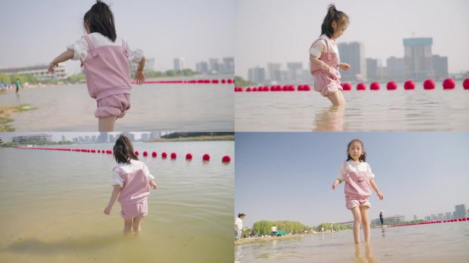 夏日儿童孩子沙滩玩水河里捉鱼危险玩耍淌水