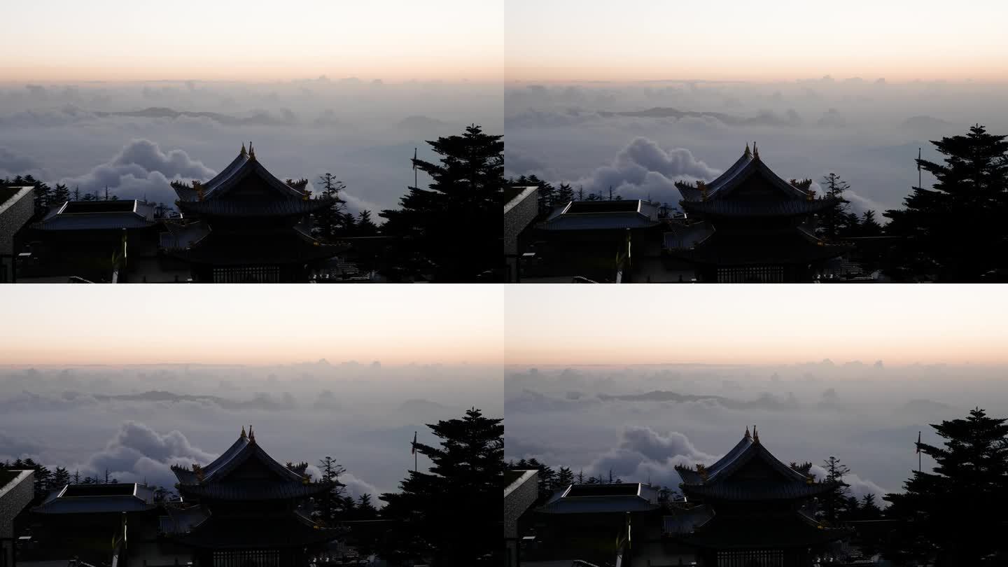 峨眉晚霞移动4k延时镜头，群山为背景，中国传统建筑为前景，高角度云海。
