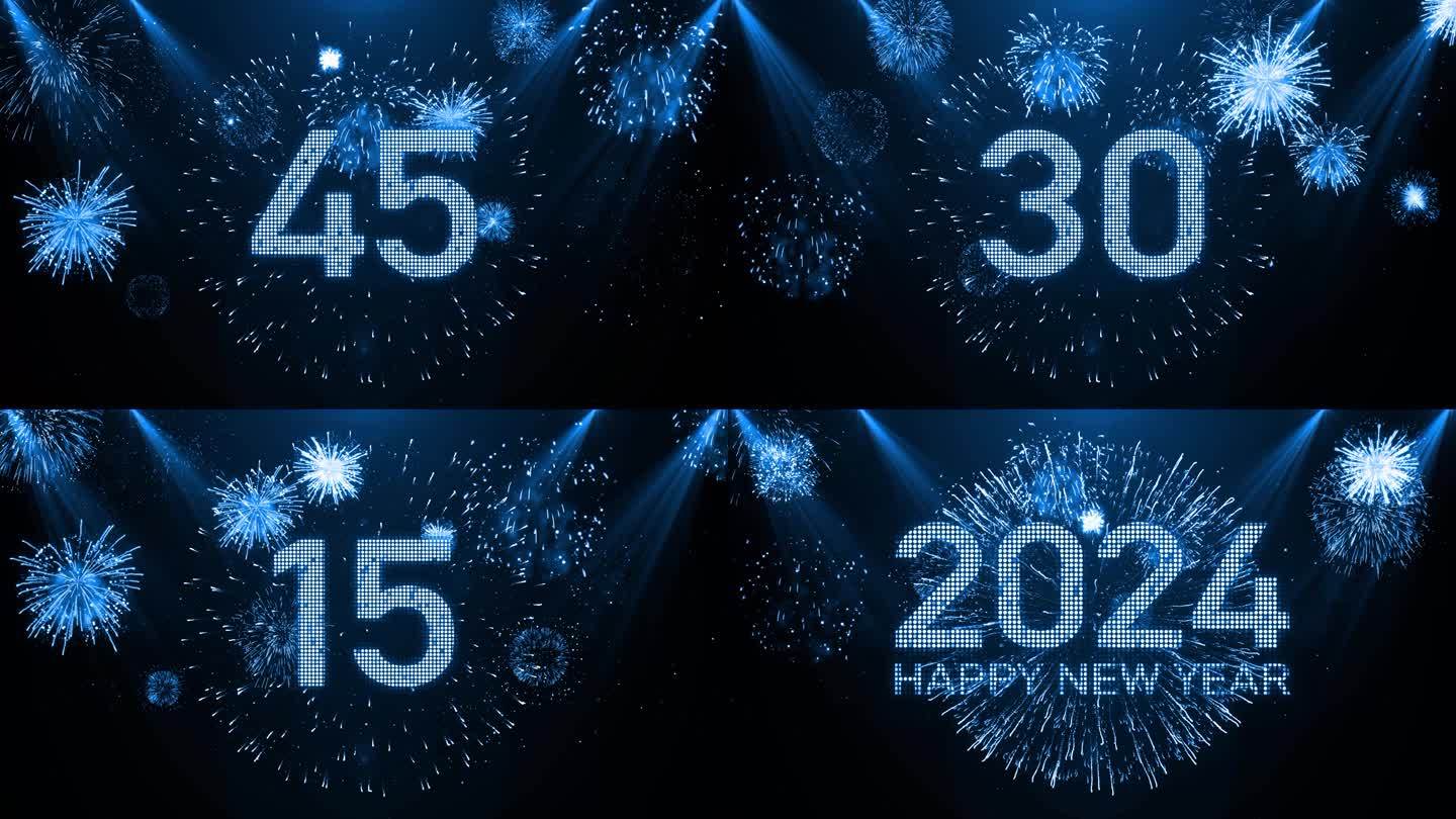 4K蓝色霓虹灯60秒跨年倒计时2024年