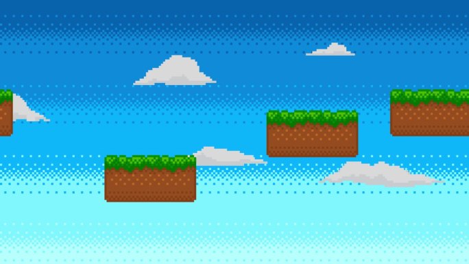复古视频游戏背景的像素艺术动画。动画8位自然景观场景与绿色的草，平台，云和蓝天。像素化的电脑游戏或应