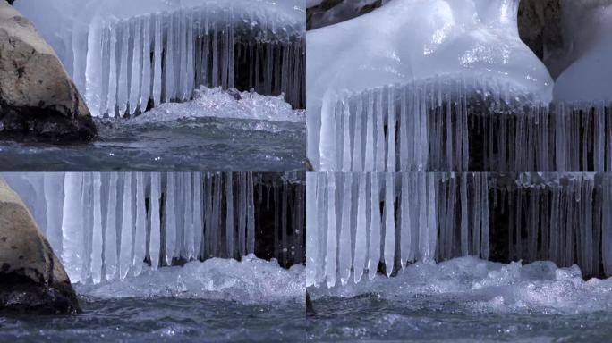 长冰凌群 冰柱群 流水上空的冰凌