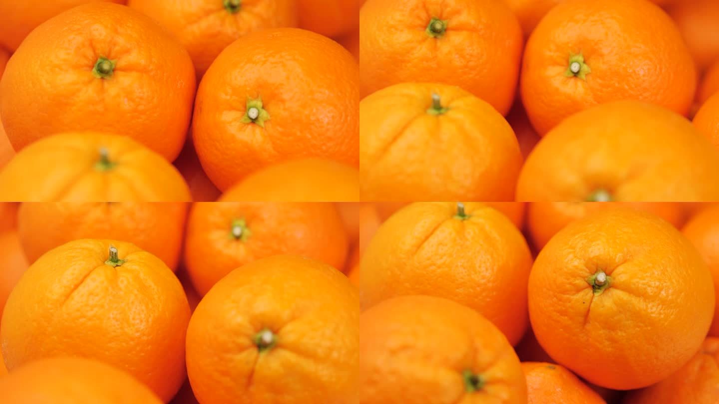 橙色水果。橙子特写，镜头慢慢向下移动，显示水果特写
