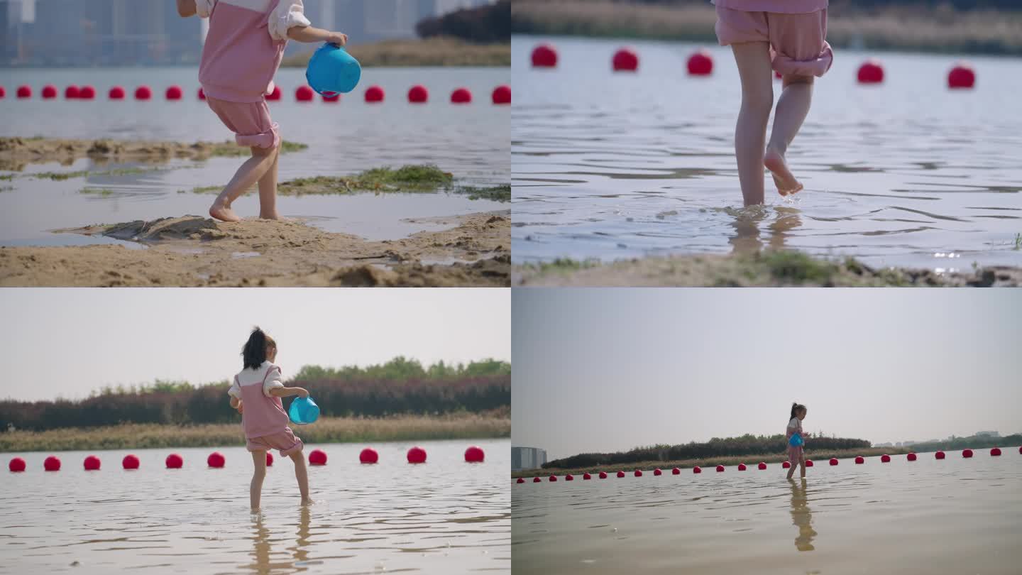 儿童孩子沙滩玩水河边湖边危险玩耍淌水