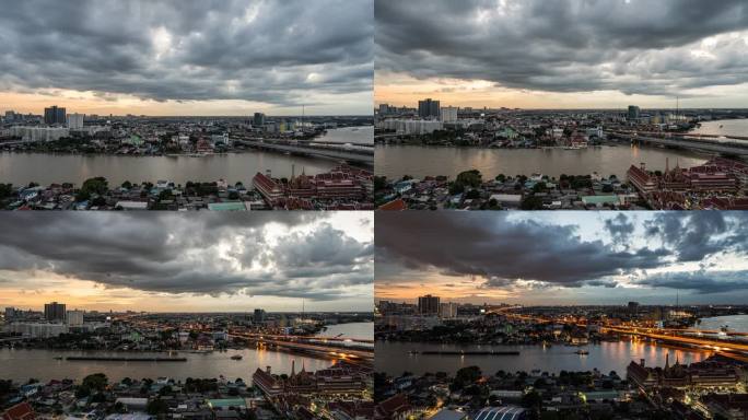 曼谷城市与风暴云的昼夜时间变化
