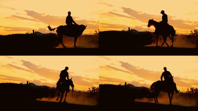 日落时分，橙色天空下，年轻的牧场主骑着马，在沙滩牧场上纺纱
